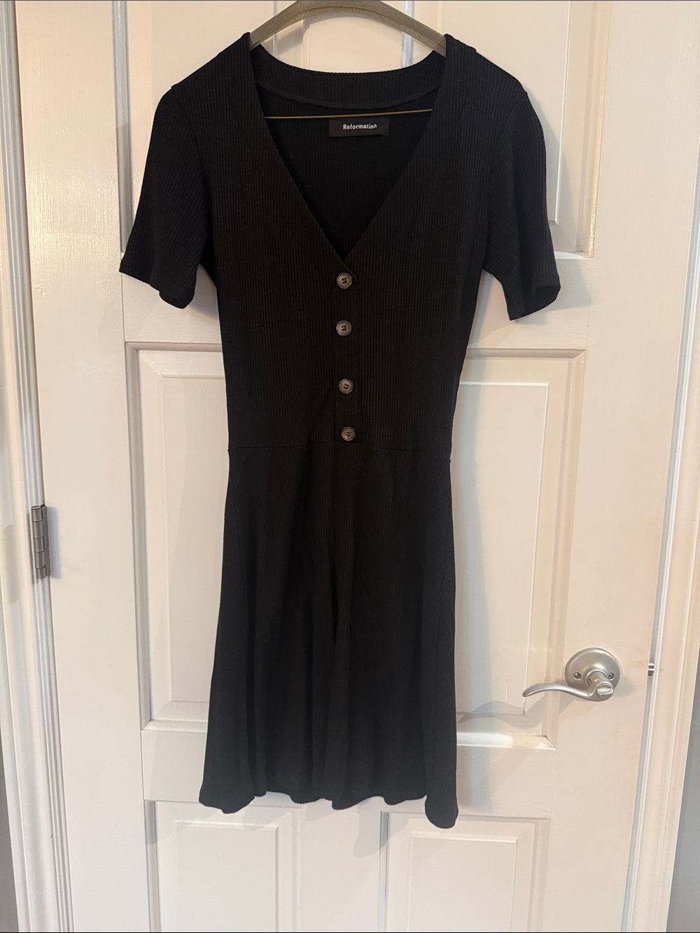 Reformation Black Ribbed V-Neck Button Mini Dress